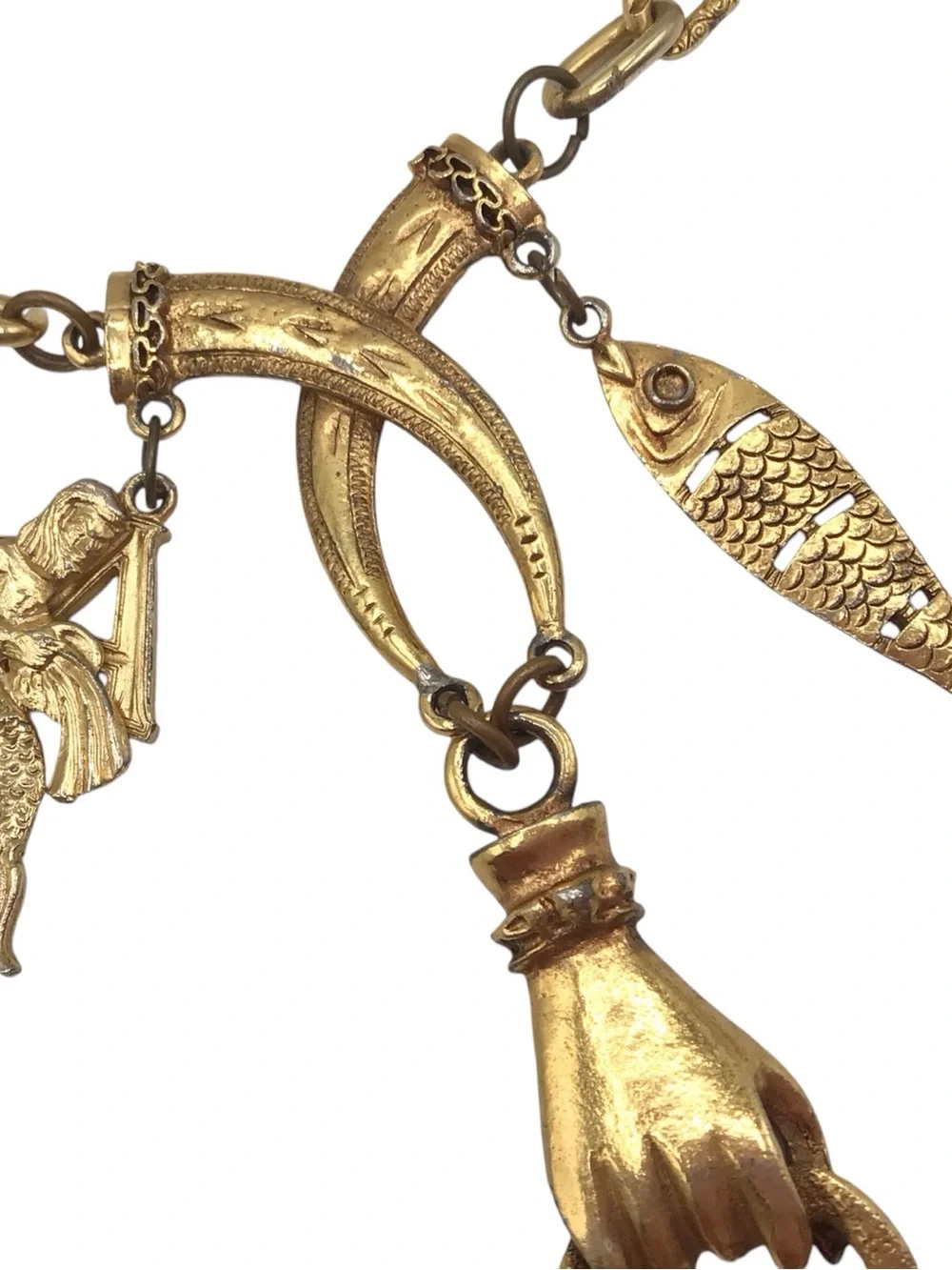 Vintage Gold-tone Hand Charm Talisman Necklace, Fish, Mermaid, Clover